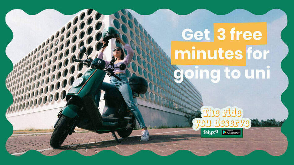 Felyx social ad, banner-formaat — Get 3 free minutes for going to uni