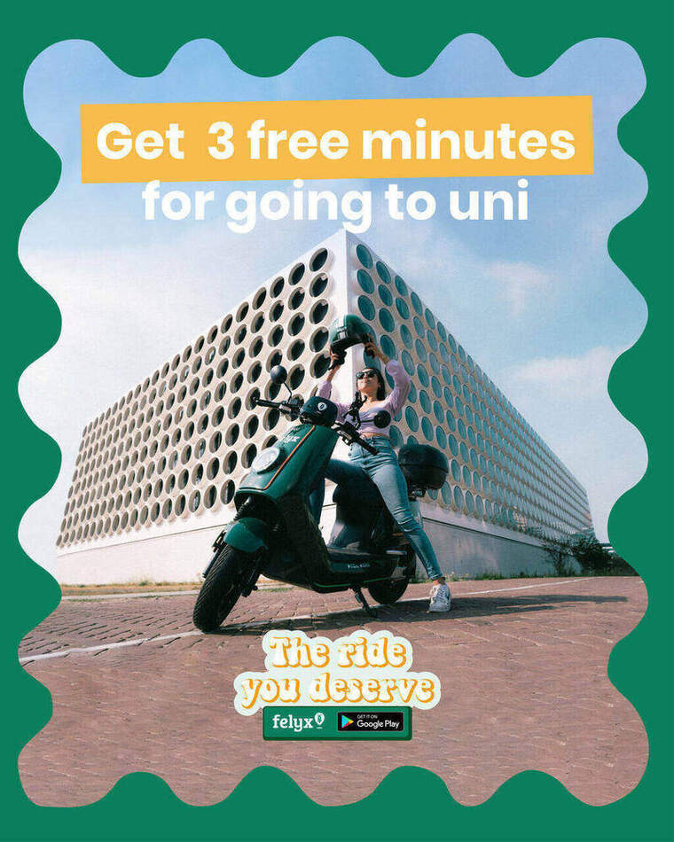 Felyx social ad, feed-formaat — Get 3 free minutes for going to uni