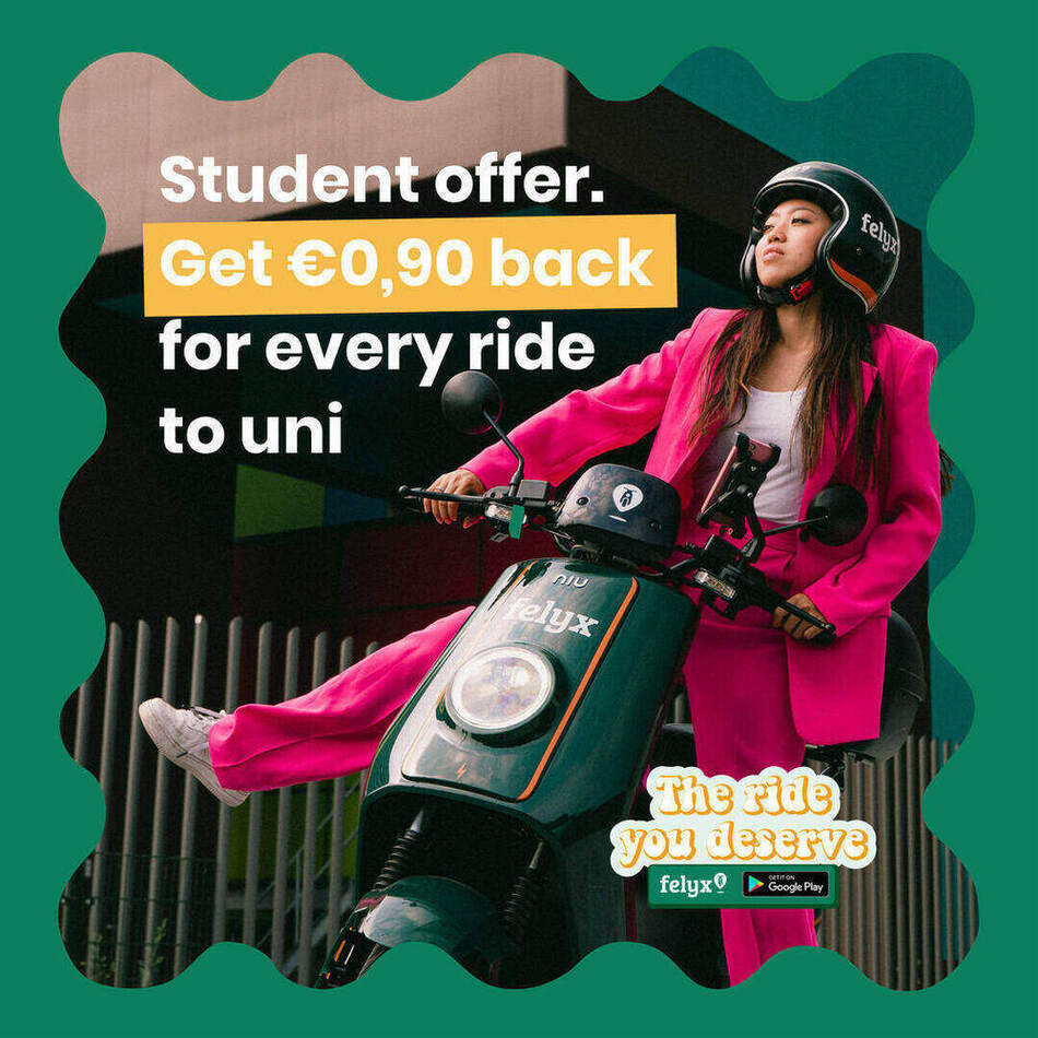 Felyx social ad, vierkant formaat — Student offer, get €0,90 back for every ride to uni