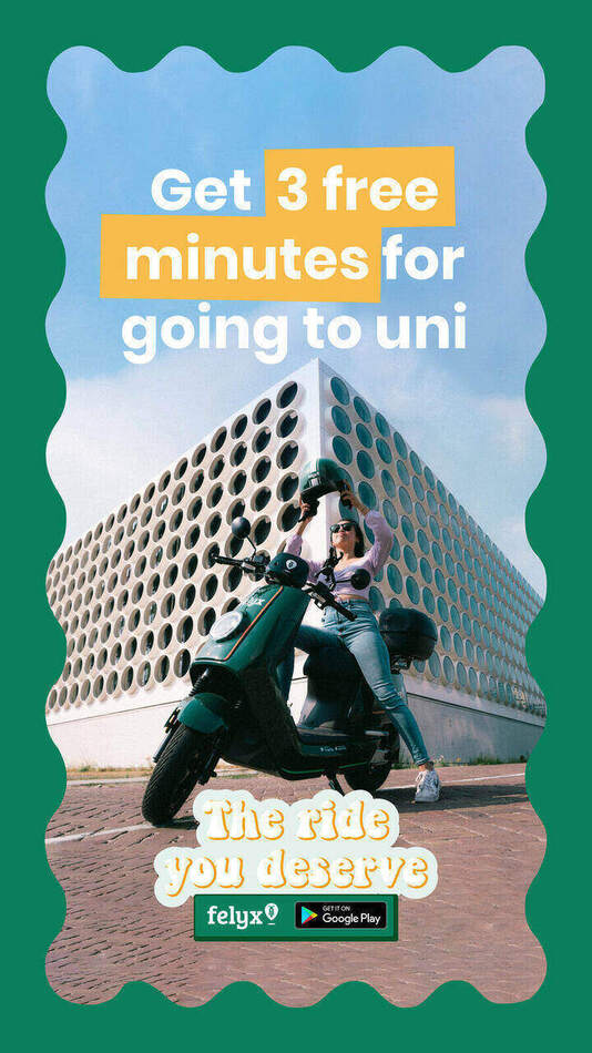 Felyx social ad, story-formaat — Get 3 free minutes for going to uni