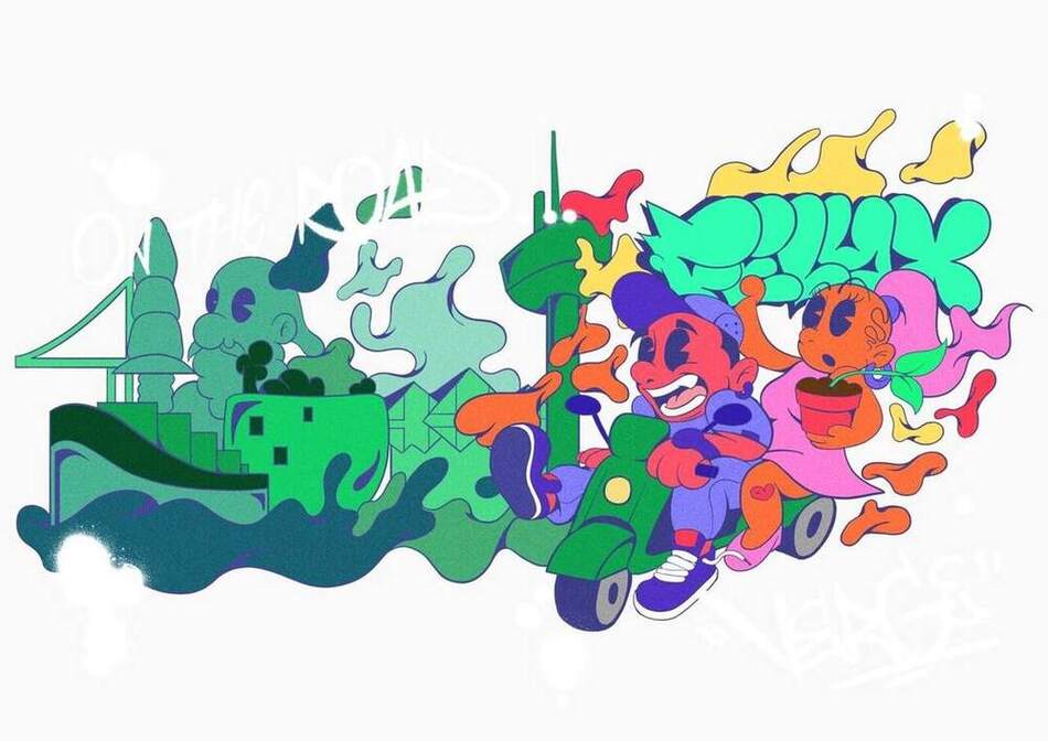 Illustratie 'On the road' van Virgil Sana voor Felyx — twee figuren op een groene deelscooter door Rotterdam